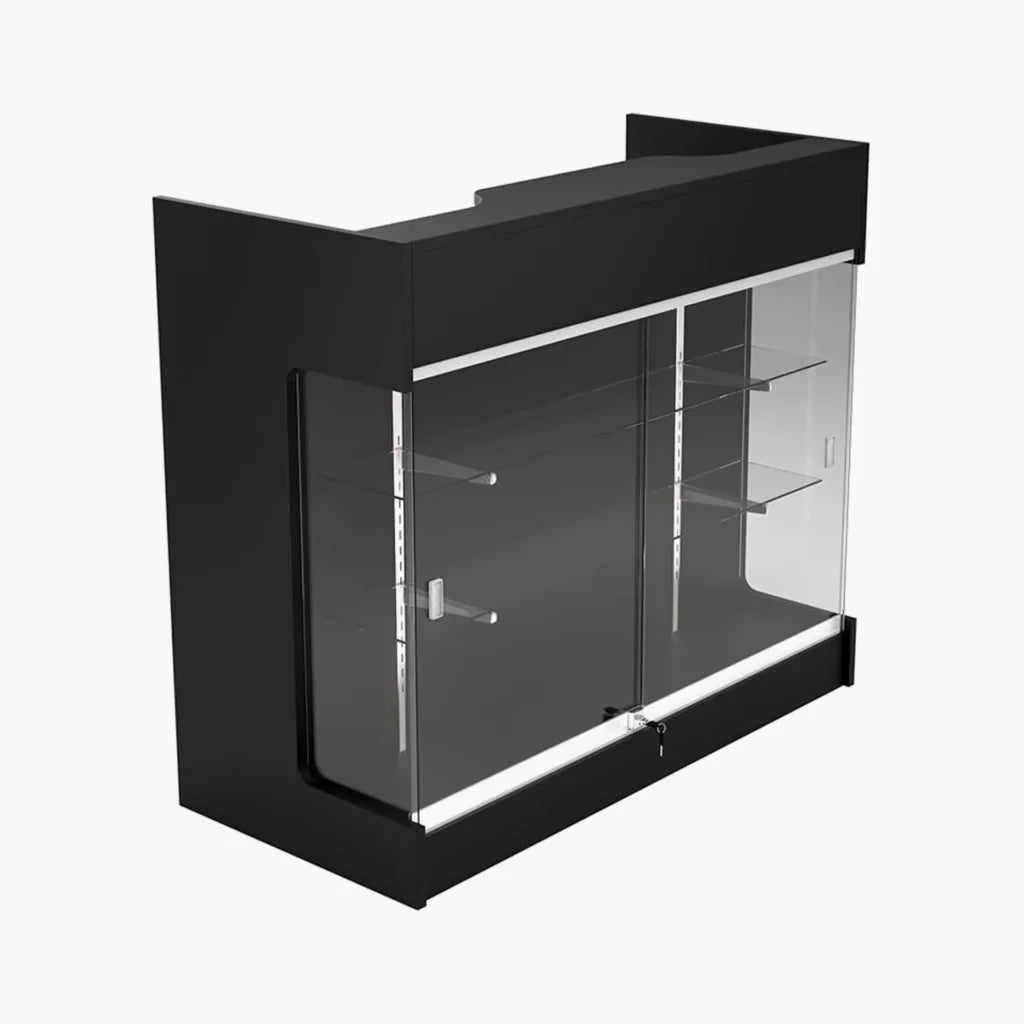 A modern black display case with glass doors and interior shelving, shown at an angle on a light gray background.