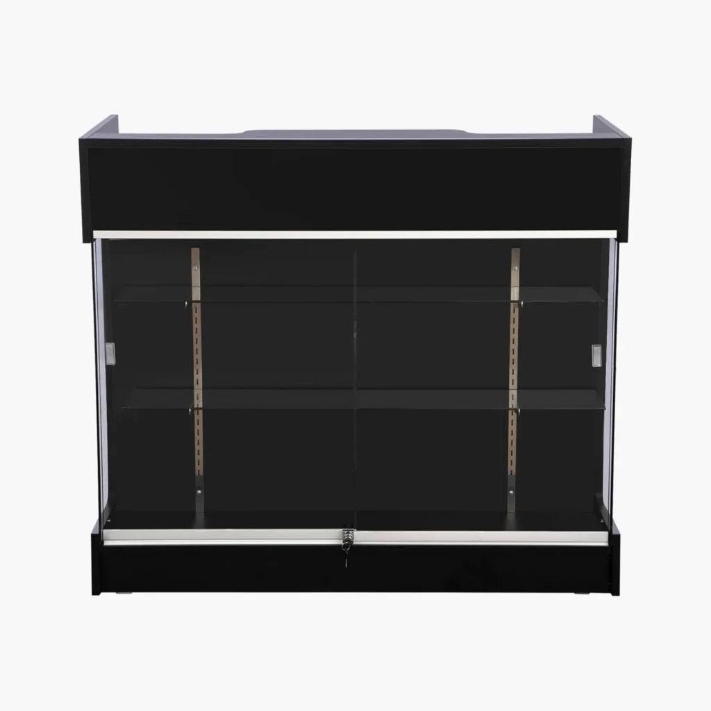 A black retail display case with glass doors and adjustable interior shelving, shown against a plain white background.