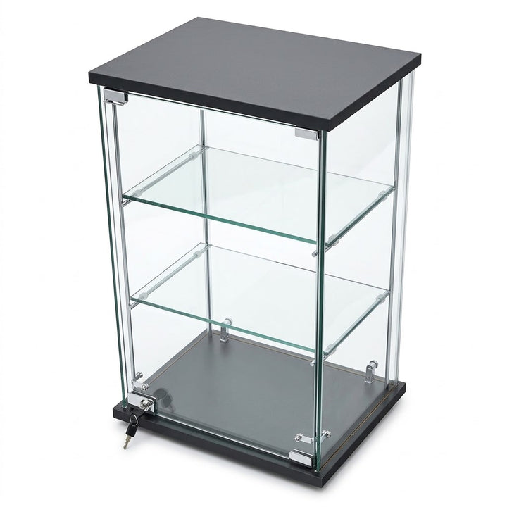 Countertop Glass Cubie Display Case with Swing Door, Lock & Key – Black Wood Base