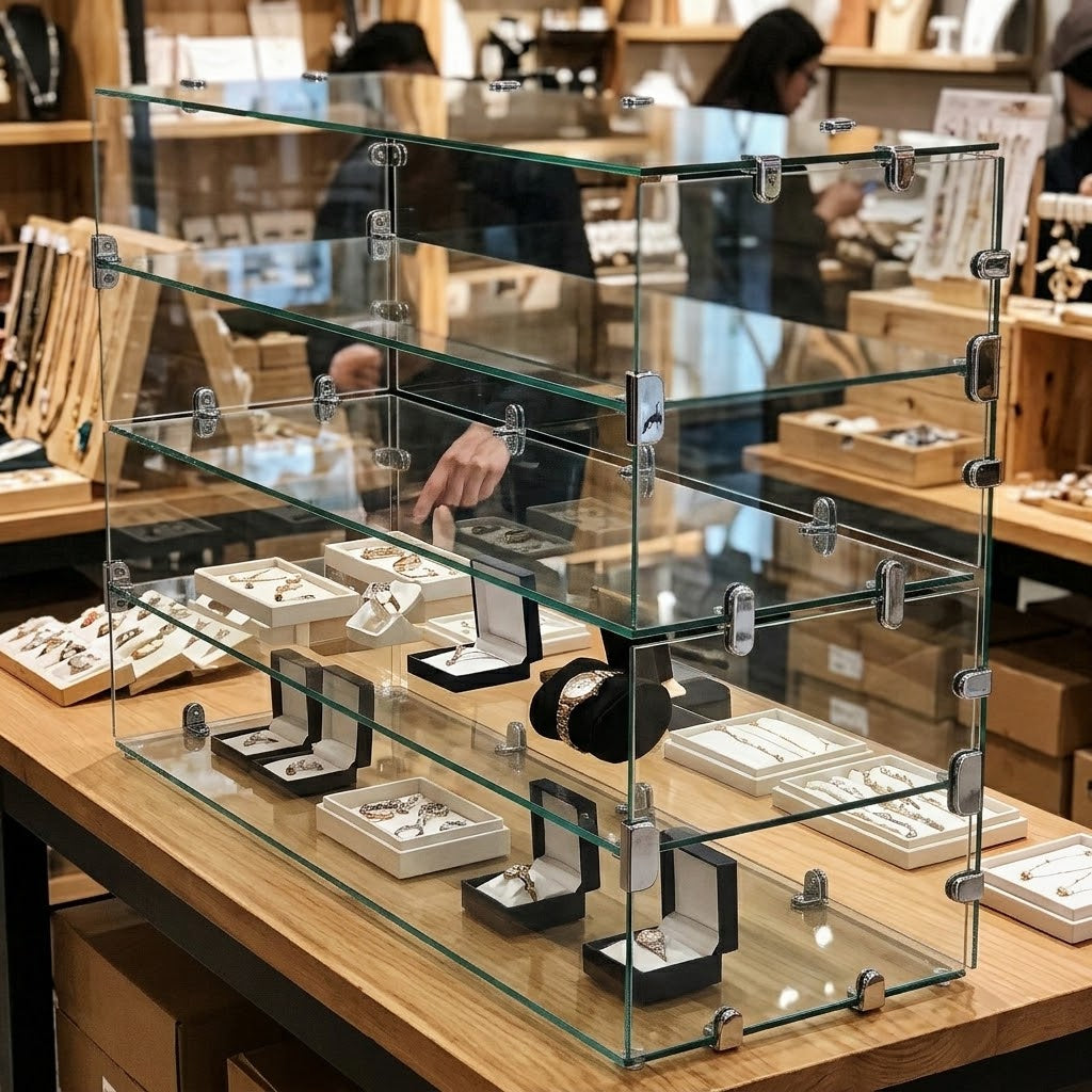 Countertop Tempered Glass Cubie Display Case with 3 Shelves & Chrome Connectors
