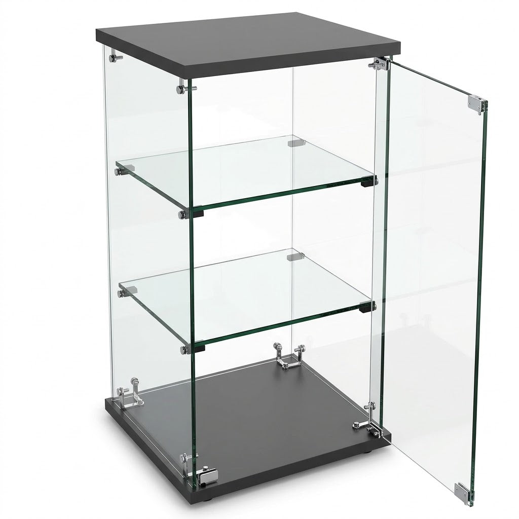 Countertop Glass Cubie Display Case with Swing Door, Lock & Key – Black Wood Base