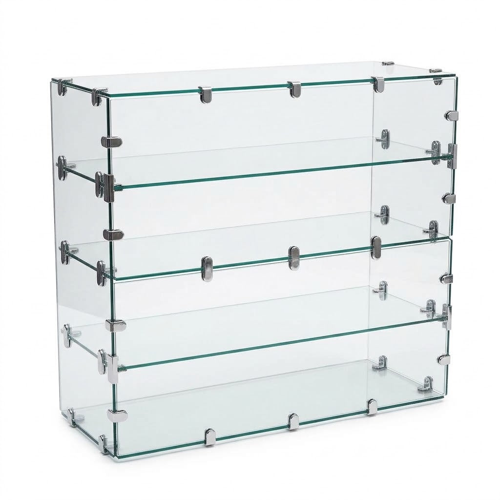 Countertop Tempered Glass Cubie Display Case with 3 Shelves & Chrome Connectors
