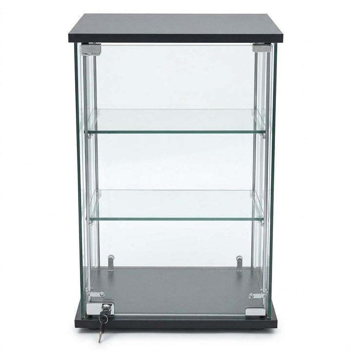 Countertop Glass Cubie Display Case with Swing Door, Lock & Key – Black Wood Base