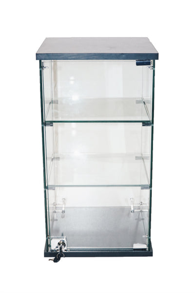 WOOD BASE GLASS CUBIE W/SWING DOOR - BLACK