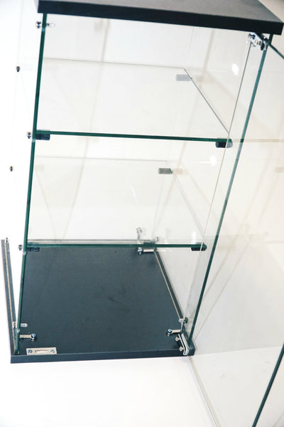 WOOD BASE GLASS CUBIE W/SWING DOOR - BLACK